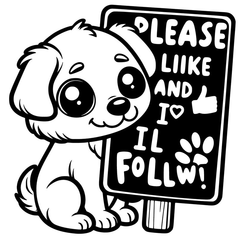 a cute puppy holding a sign that says please like and i will follow