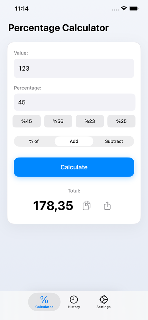값에 퍼센트를 추가하는 계산을 보여주는 퍼센트 계산기 플러스 앱의 모바일 앱 인터페이스