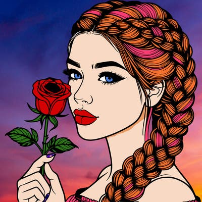 realistic woman with braids holding a single rose
