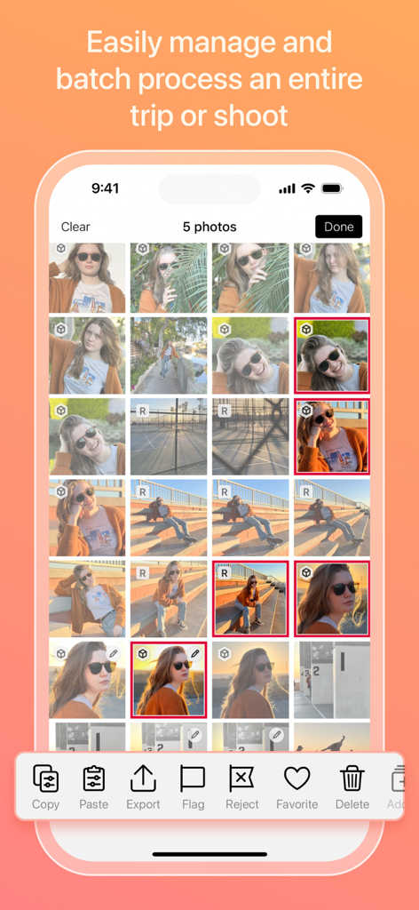 Darkroom app interface for batch processing and managing photos.