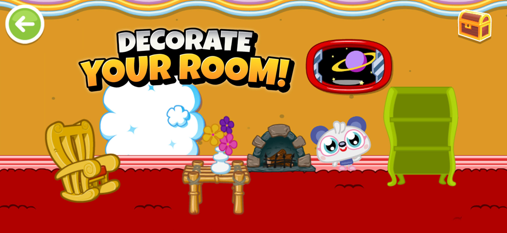 Moshi Monsters Egg Hunt - A room decoration screen in Moshi Monsters Egg Hunt showing furniture items and a cute pet Moshling