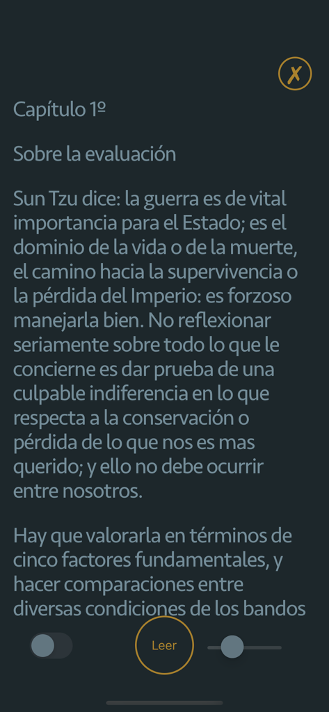 Mobile interface showing the Spanish text of Sun Tzu Art of War Chapter 1 in dark mode.