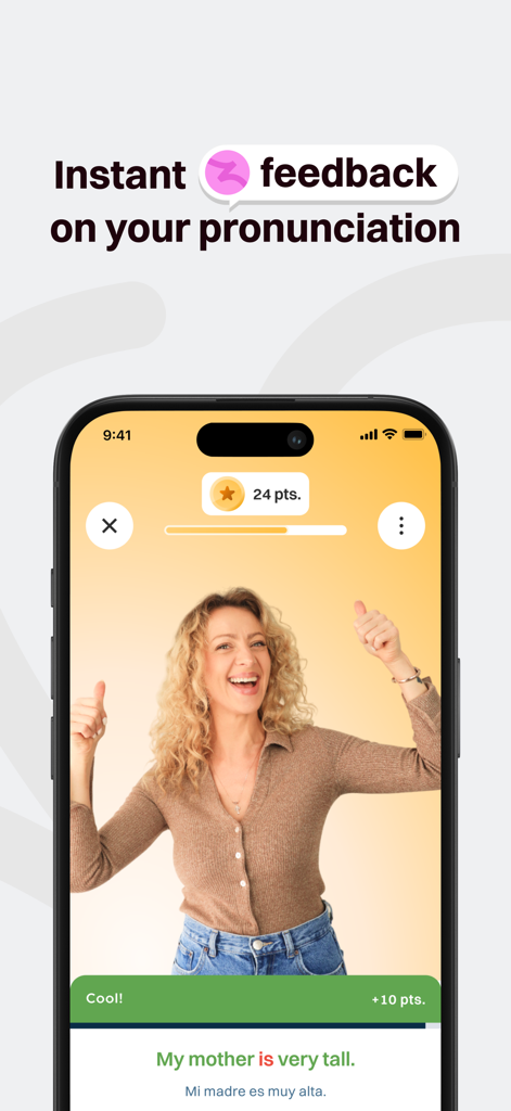 Smartphone screen displaying BeeSpeaker pronunciation feedback with a video tutor and bilingual subtitles