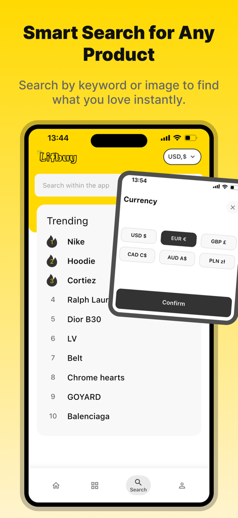 Interface of Litbuy Sheets showing a trending list of luxury brands and a currency selection menu.