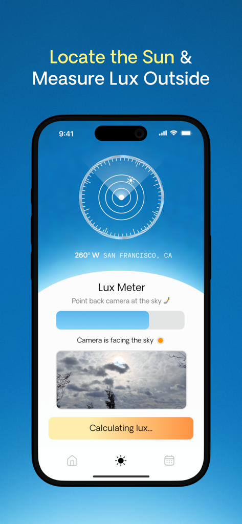 SunSeek: Sunlight & Vitamin D - SunSeek app screen showing the sun locator and lux meter for measuring outdoor light intensity