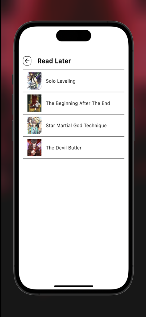 MangaGo - Ultimate Manga App - Screenshot of the MangaGo app Read Later screen showing a list of saved manga titles on an iPhone