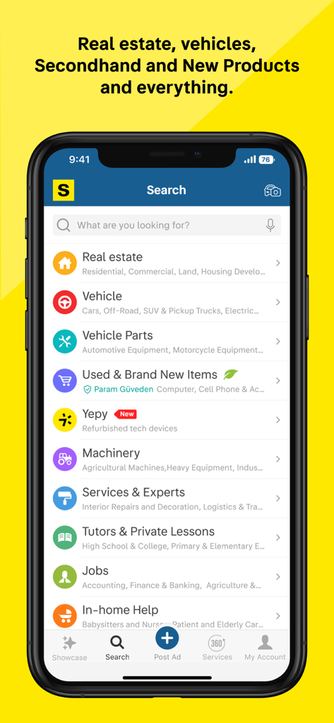 A screenshot of the Sahibinden mobile app search interface displaying categories like real estate, vehicles, and refurbished tech.