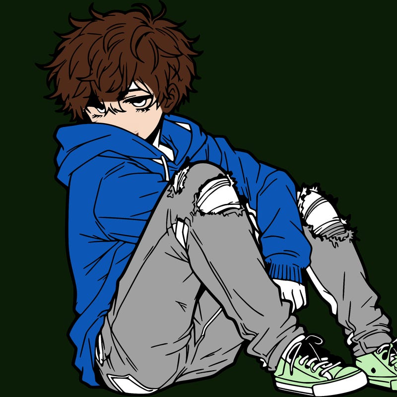 a male hoddie ripped jeans messy hair anime