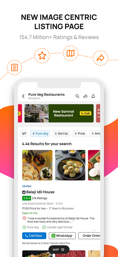JD - The Best Local Search App - Interfaz de la aplicación móvil Justdial que muestra una lista de restaurantes puramente vegetarianos en Bangalore con imágenes de alta calidad y calificaciones de clientes.