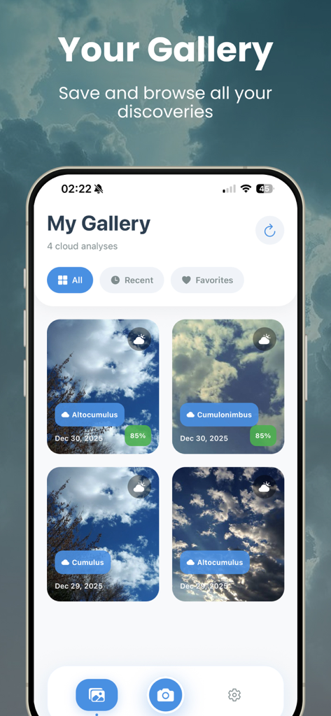 Cloud Identifier: Sky AI - Gallery view of the Sky AI app displaying a collection of identified cloud types with photos