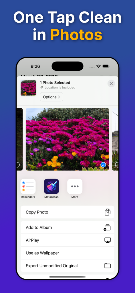 Captura de pantalla de iPhone que muestra el icono de la aplicación MetaClean en la hoja para compartir de iOS para la eliminación de metadatos con un solo toque directamente desde la aplicación Fotos.