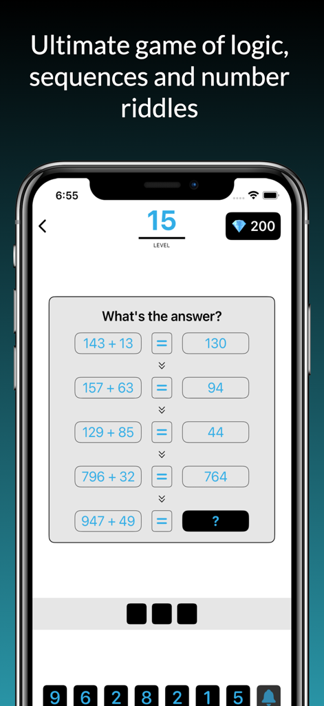 Smartphone screen showing a math logic puzzle with number sequences in the SequenQuiz app.