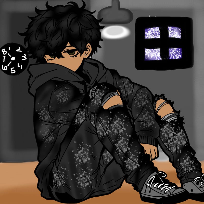 a male hoddie ripped jeans messy hair anime