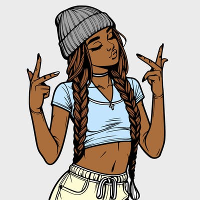 realistic teenage girl with braids and a beanie and crop top doing 🫶🏼