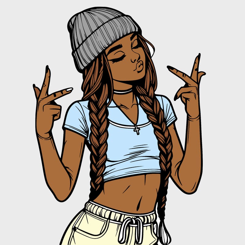 realistic teenage girl with braids and a beanie and crop top doing 🫶🏼