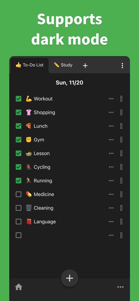 Daily Checklist app interface in dark mode featuring a task list with emojis.