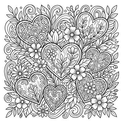 Celebrate the beauty of spring with this intricate coloring page featuring beautifully adorned wooden hearts nestled among abundant blossoms and swirling foliage. Dive into a delightful artistic escape, perfect for bringing vibrant life to each unique detail.