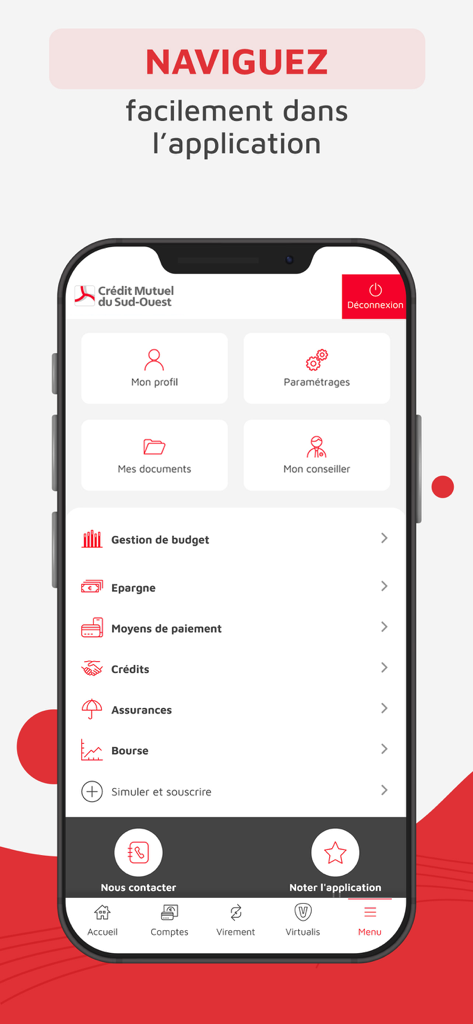 CMSO Suivi de compte et budget - Menu de navigation principal de l'application bancaire mobile CMSO avec la gestion du budget et les paramètres du compte.