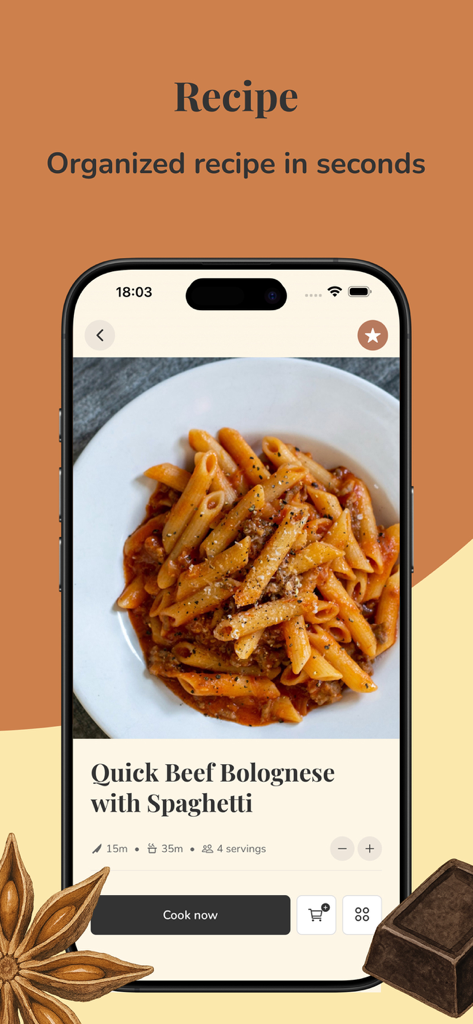 Una receta rápida de Bolognesa de Carne mostrada en la interfaz de la aplicación FOODIE, indicando el tiempo de preparación y las porciones.