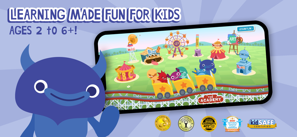 Endless Learning Academy - Endless Learning Academy app interface showing educational modules for children ages 2 to 6 with friendly monsters