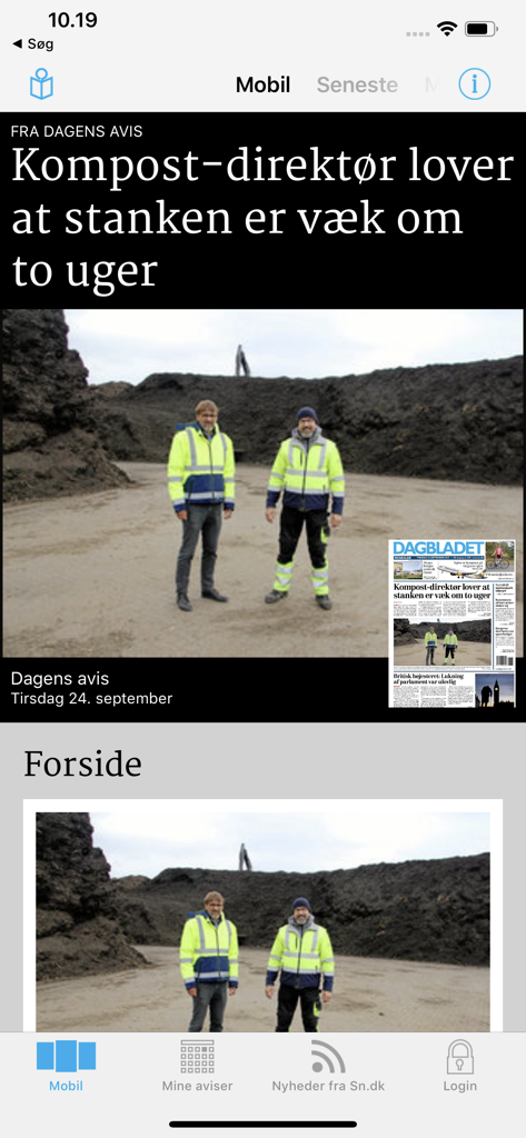 Oberfläche der DAGBLADET Mobile App, die einen dänischen Nachrichtenartikel mit einer Schlagzeile und lokalen Arbeitern in Warnkleidung zeigt.