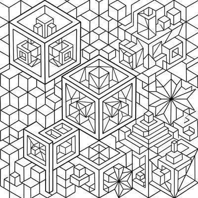 Explore a mesmerizing world of three-dimensional cubes and geometric designs with this intricate coloring page. Experience the illusion of depth and perspective as you bring these complex patterns to life with your chosen colors.