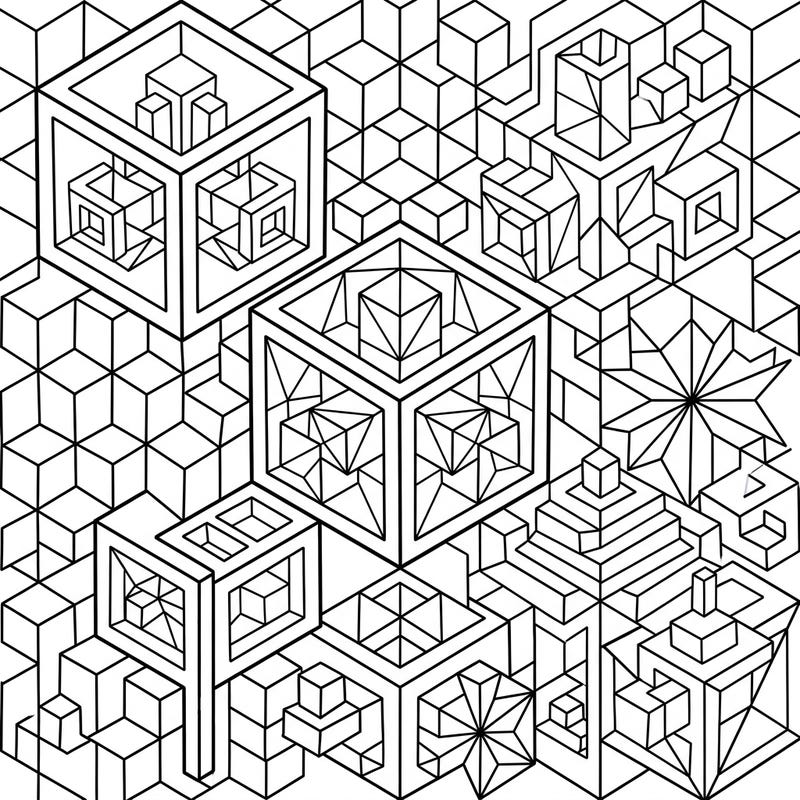 Explore a mesmerizing world of three-dimensional cubes and geometric designs with this intricate coloring page. Experience the illusion of depth and perspective as you bring these complex patterns to life with your chosen colors.
