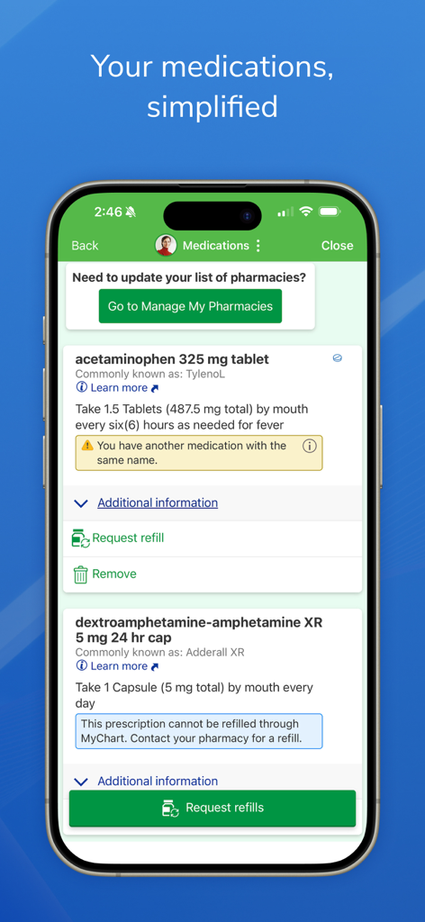 Texas Health MyChart mobile app screen for medication tracking and refills