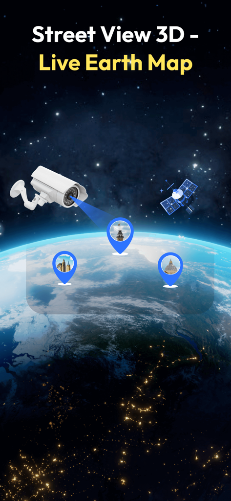 Street View Map- Live Earth 3D - App interface for Street View Map Live Earth 3D showing a global view with landmark pins