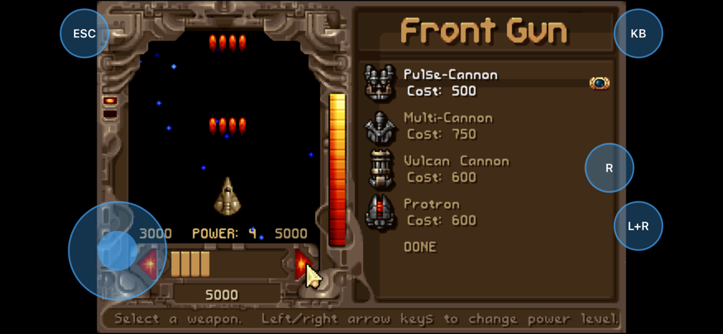 Tyrian 2000 - Ein Schiffsanpassungsbildschirm in Tyrian 2000, der Vordergeschütz-Upgrade-Optionen mit Retro-Pixel-Art-Grafiken und mobilen Touch-Steuerungen zeigt.