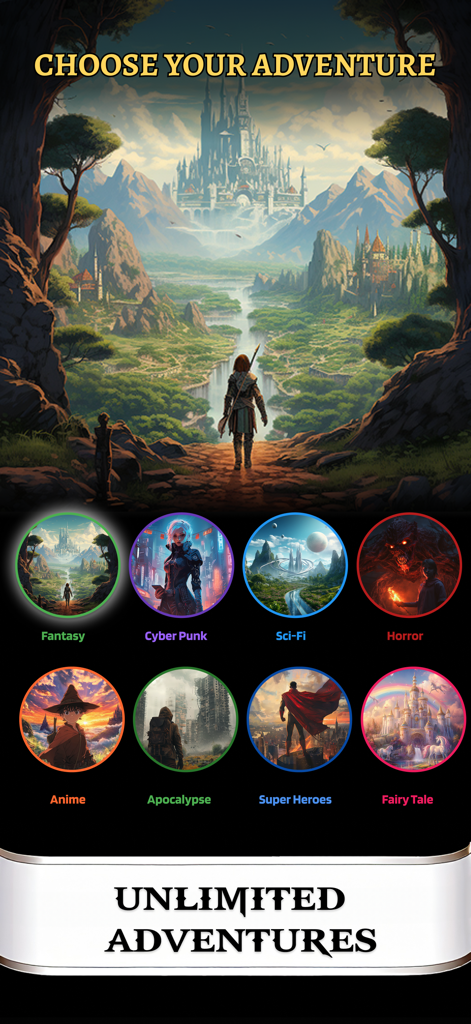 AI Game Master - Dungeon RPG - AI Game Master app screen showing multiple RPG genre choices including Fantasy Sci-Fi and Cyber Punk