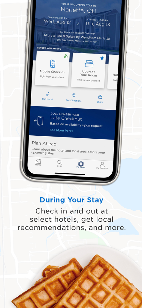 Tela do aplicativo móvel Wyndham Hotels mostrando detalhes da próxima estadia, check-in móvel e benefícios para membros