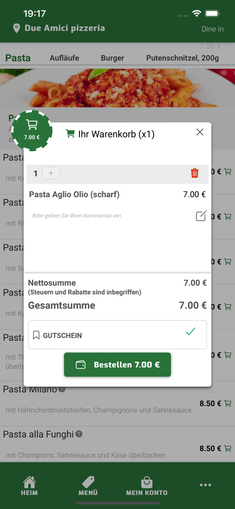 파스타 주문이 표시된 Due Amici Pizzeria 모바일 앱의 장바구니 팝업