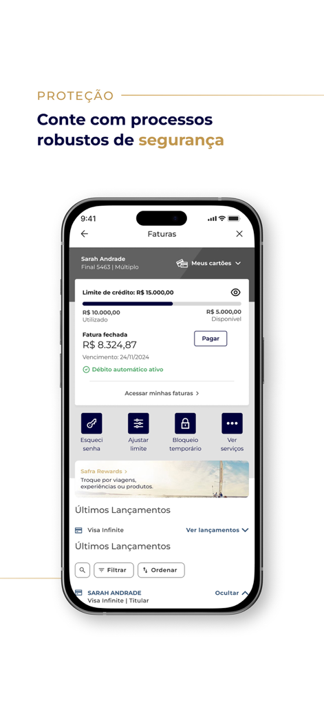 Safra: investimentos e conta - Safra mobile app interface showing credit card invoice details and security controls