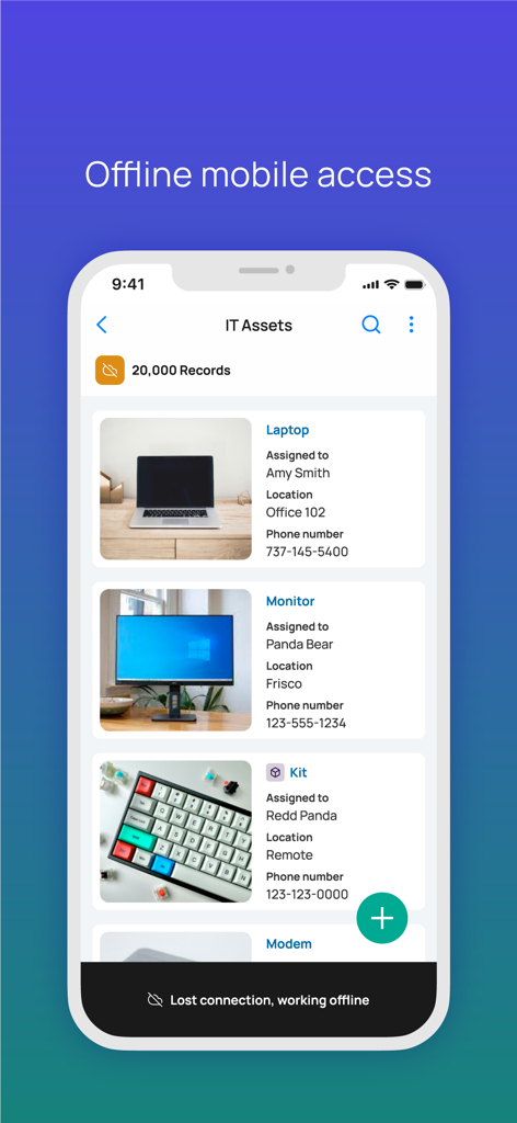 Asset Panda Pro - Asset Panda Pro mobile interface displaying IT asset records with offline mode active