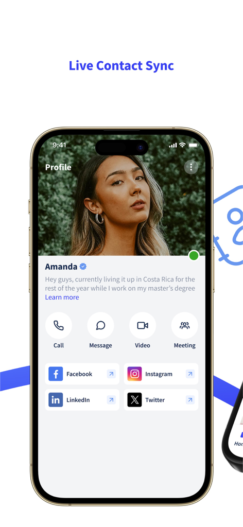 Amanda의 Phound Phone 앱 인증 연락처 프로필을 소셜 미디어 링크 및 통화 옵션과 함께 보여주는 스마트폰 화면