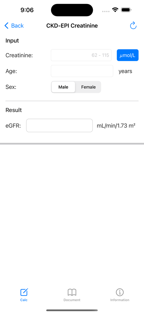 CKD-EPI Creatinine input screen for eGFR calculation.