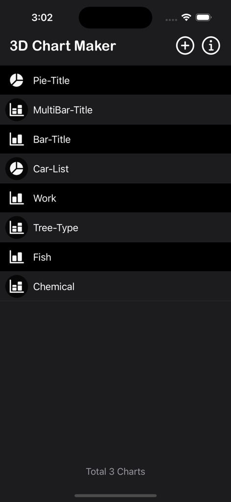 3D Chart Maker - List of saved pie and bar charts in the 3D Chart Maker application