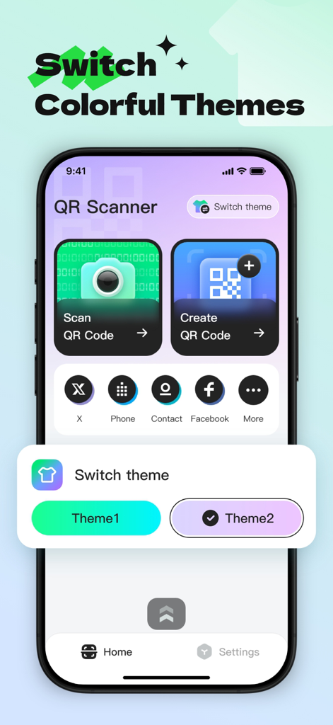 QR Scanner - Create, Scan - A mobile interface for a QR code scanner and generator app displaying a switch colorful themes menu with different color options