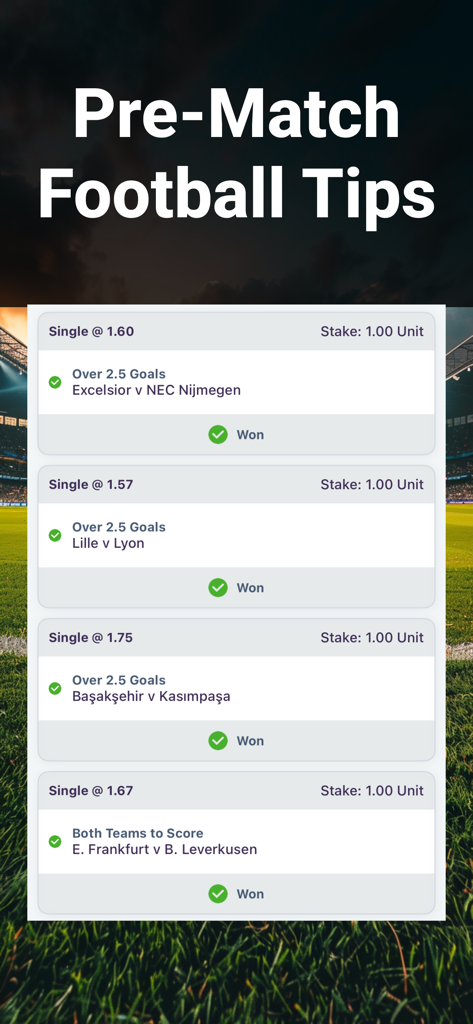 Footy+ Live Soccer Analyst - A list of successful pre-match soccer betting tips showing winning results for various matches.