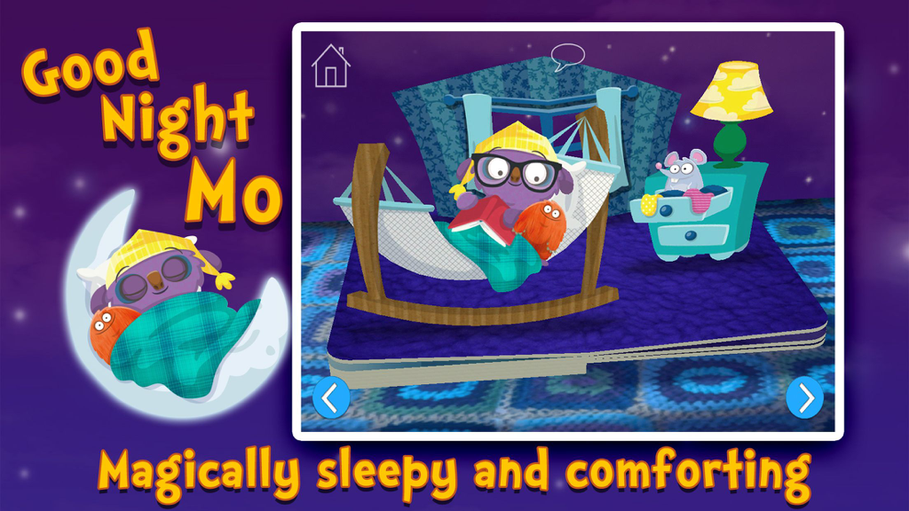 Goodnight Mo 3D pop up bedtime story app showing Mo the monster reading in a hammock