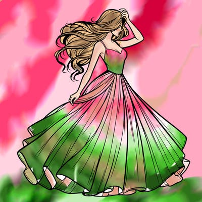 realistic woman with dress flowing in the wind