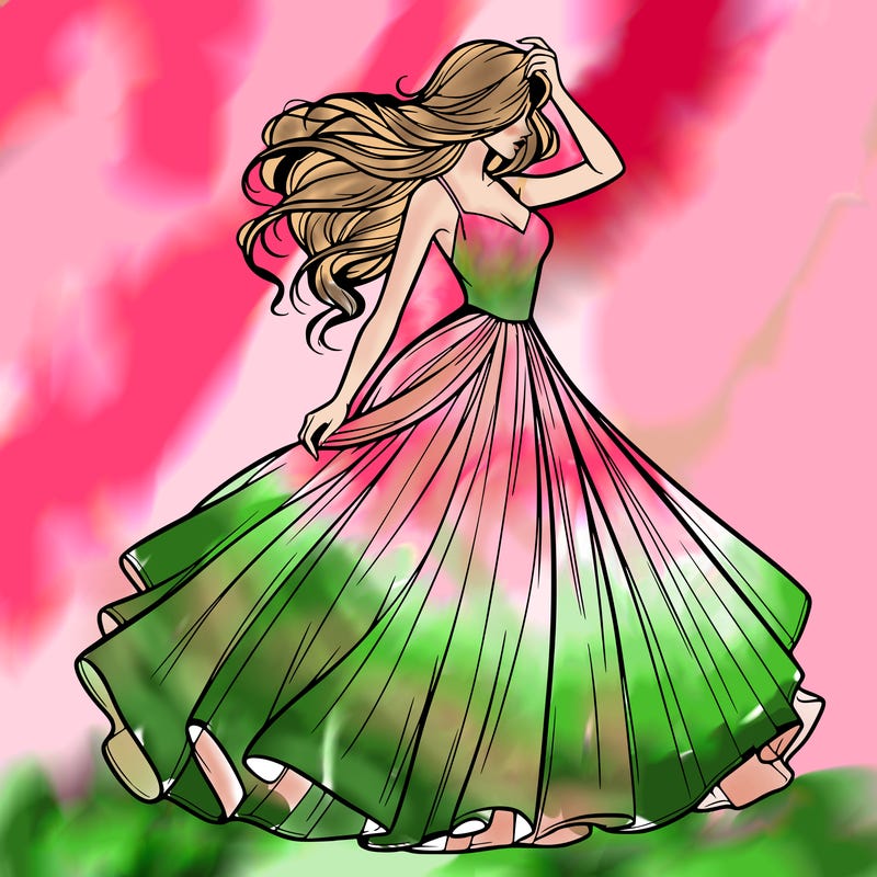 realistic woman with dress flowing in the wind