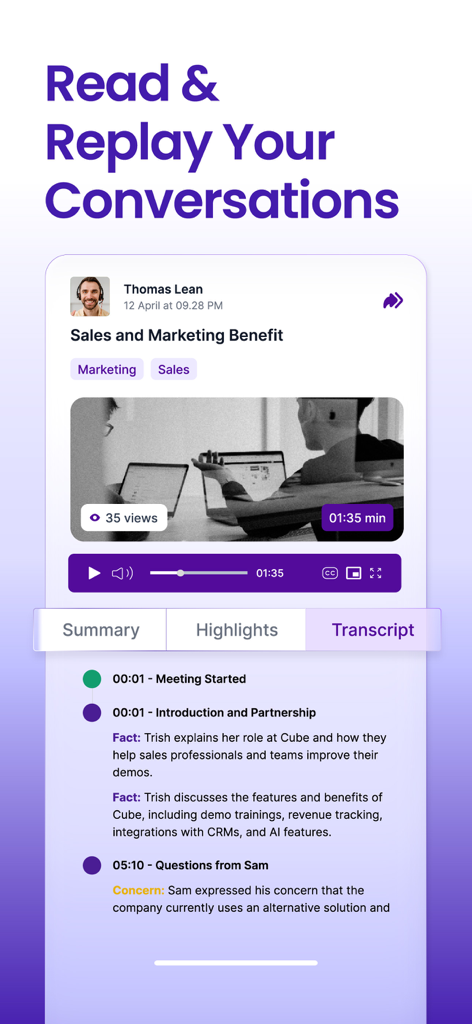 Smart AI Note Taker - MeetGeek - Screenshot of the MeetGeek app showing a recorded meeting with its automated AI transcript and summary highlights