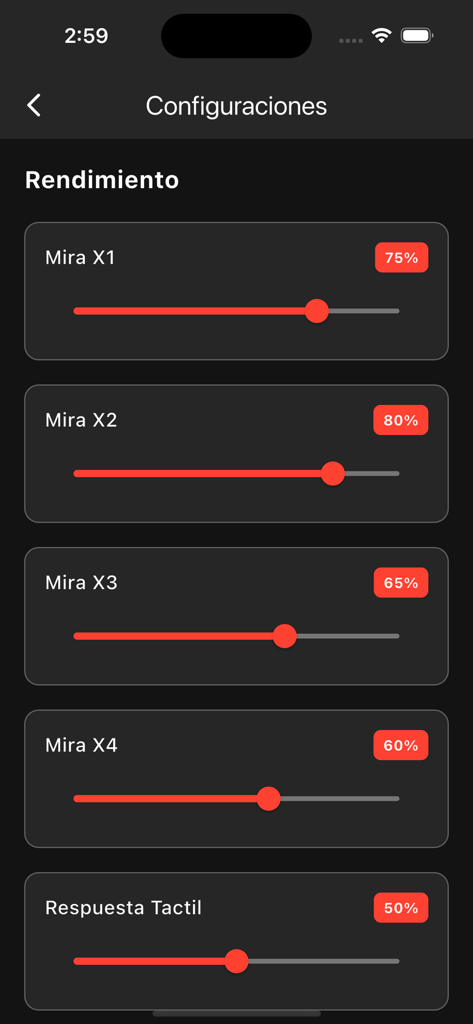 Performance settings screen of Macro Tools Pro app with sliders for scope sensitivity and touch response.