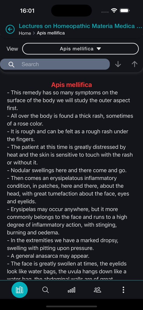 Pantalla de la app OpusGo mostrando una entrada de Materia Médica para el remedio homeopático Apis mellifica.