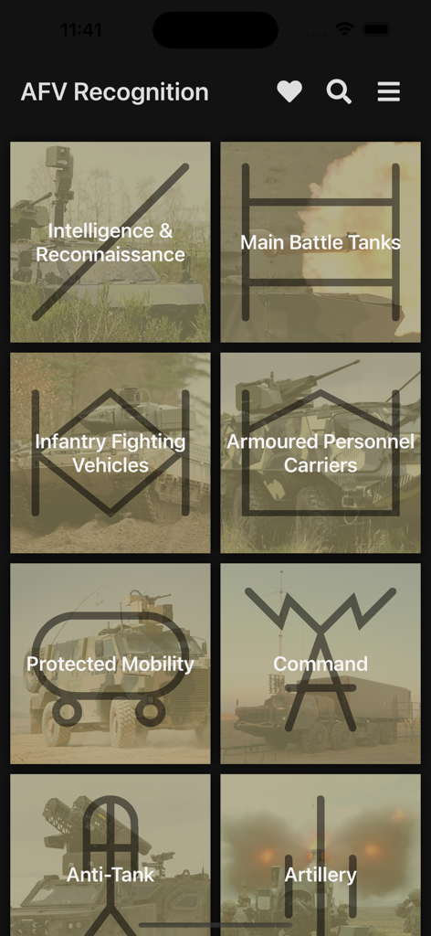 Menu screen of the AFV Recognition app showing various military vehicle categories including Main Battle Tanks, Infantry Fighting Vehicles, and Artillery with NATO identification symbols.