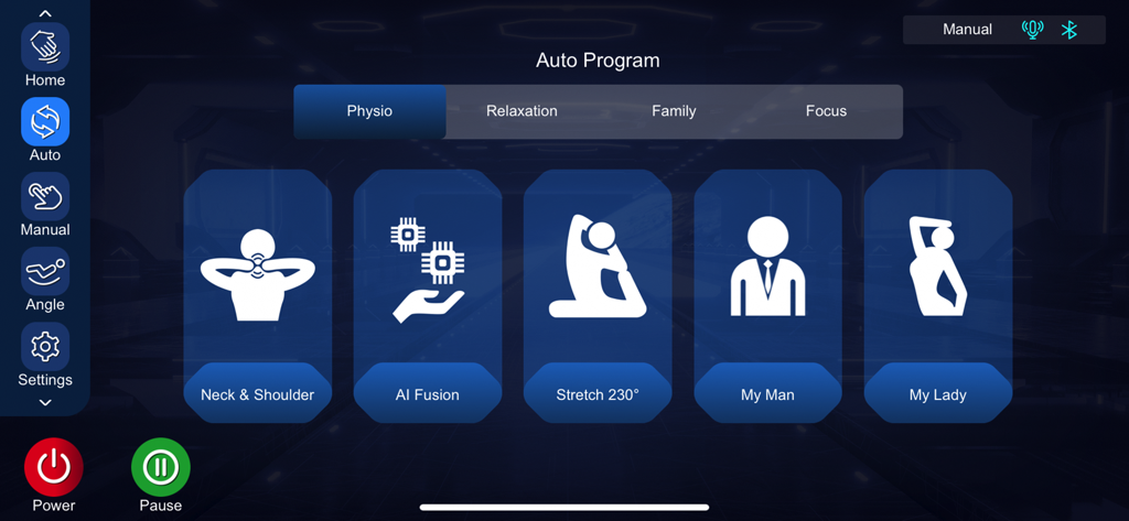 Tableau de bord de l'application GINTELL montrant des programmes de massage automatisés, y compris le cou et les épaules, l'IA Fusion et le massage étiré à 230 degrés.