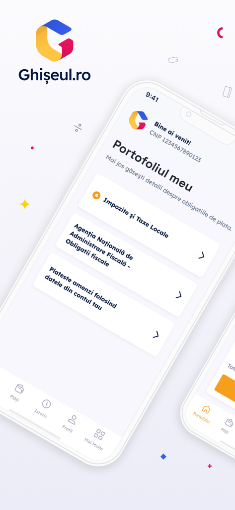 A mobile interface for the Ghiseul.ro app displaying the my portfolio section with options for local taxes and fiscal obligations