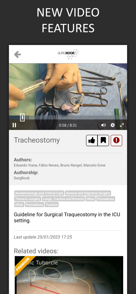 SurgBook app interface featuring a surgical video tutorial for tracheostomy procedures.